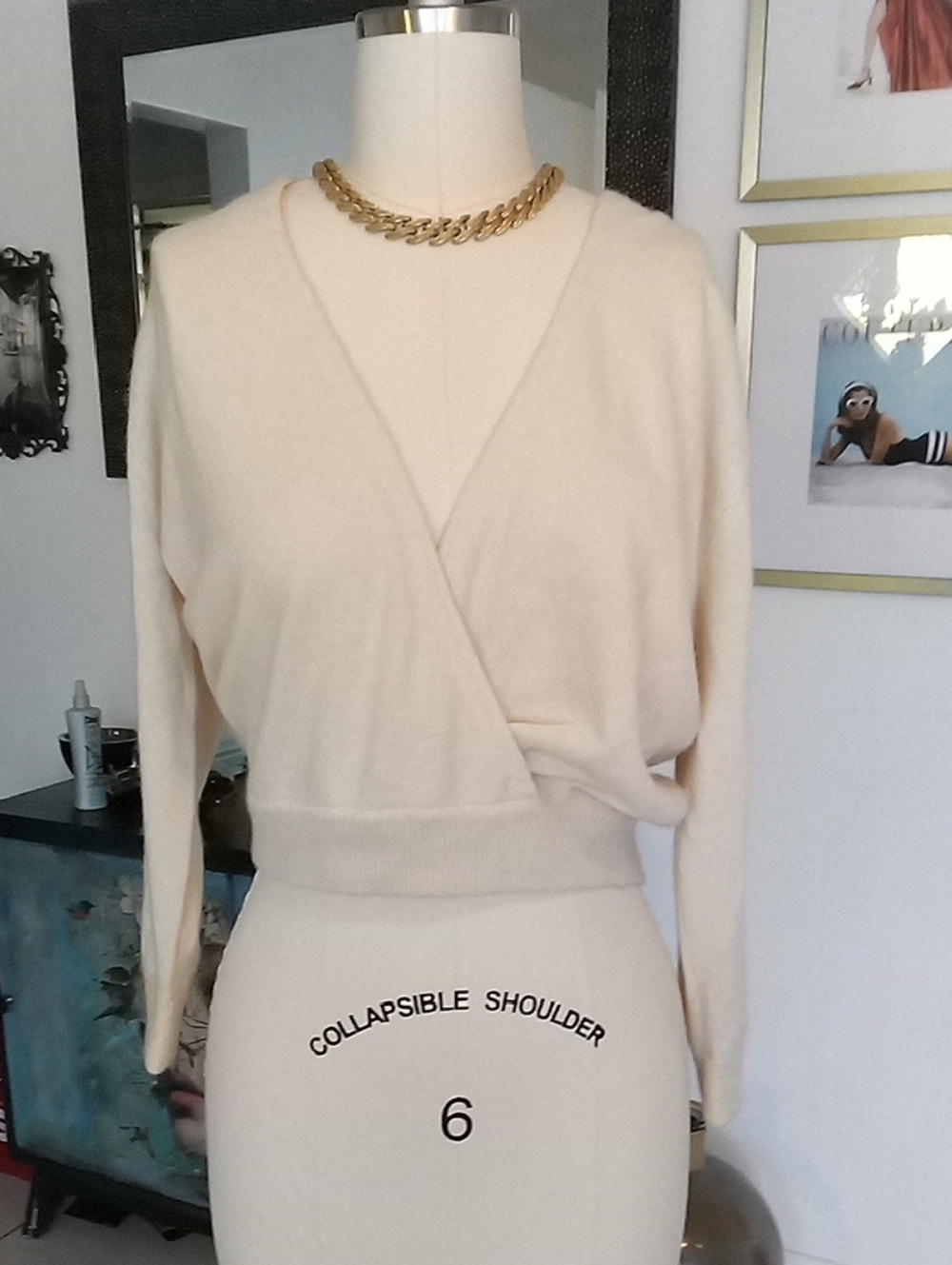 Marciano Cream Wrap V-Neck Sweater 100% Casmire